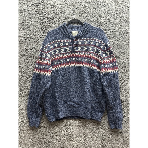 L.L Bean Fair Isle Sweater 100% Lambswool Norway Knit 2-Button Henley Neck L-Reg